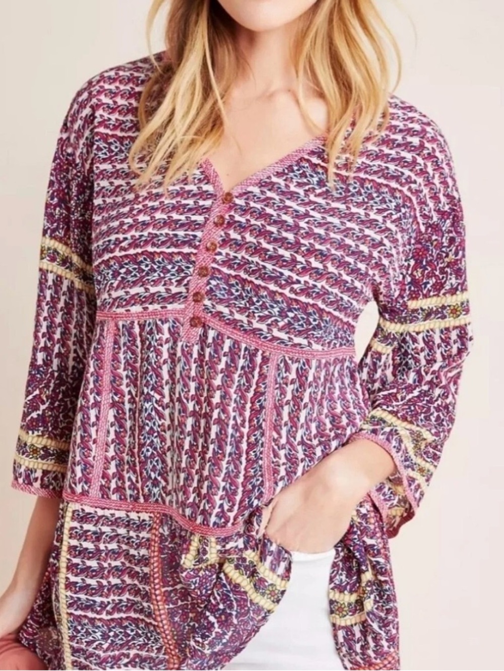 Maeve by Anthropologie Lilyana tired 3/4 bell sleeves silk tunic size XS